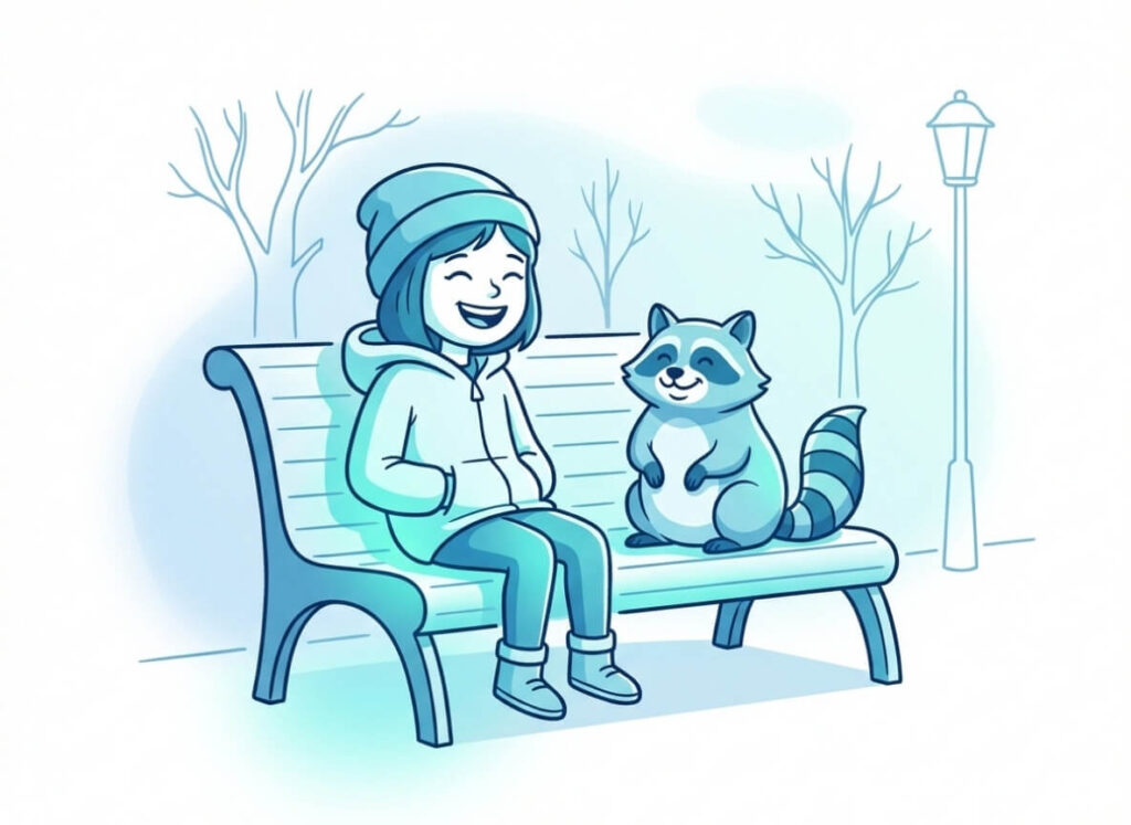 manta mode raccoons - happy girl and raccon on park bench tiny
